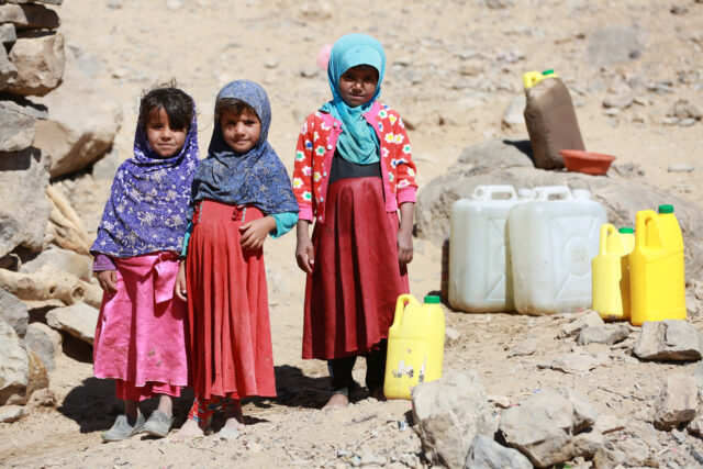 Displaced Yemeni girls are seen at a refugee camp located between Marib and Sanaa